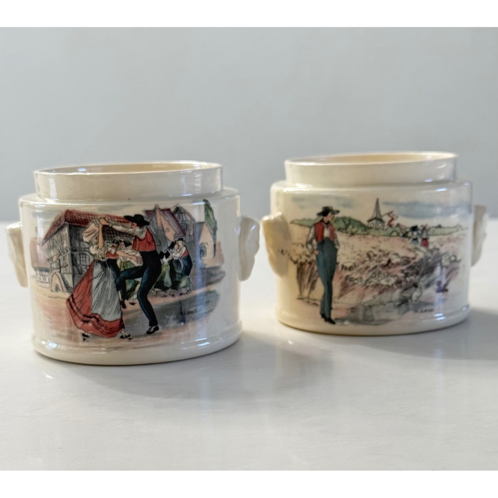 Sarreguemines Obernai French Faience Soup Crock Bowls Set 2 Rustic Farm N Lids